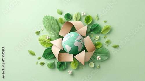 Recycling symbol with 3D clay model of the earth and green leaves around the symbol on green background, Eco-friendly concept