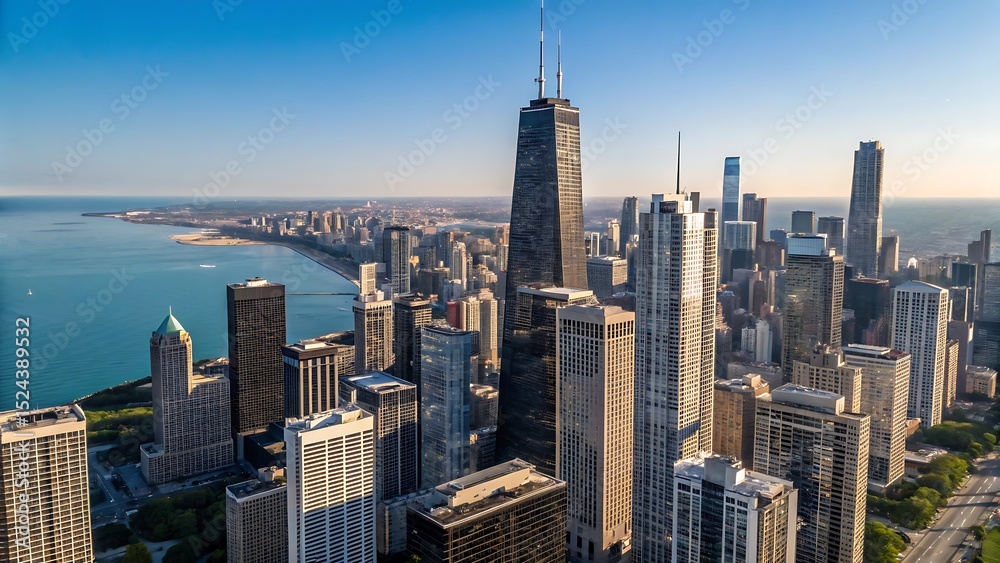 Fototapeta premium Aerial view of chicago skyline with lake michigan on a clear sunny day