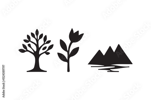 Nature Icons Set Tree, Flower, Mountain Silhouettes for Eco and Landscape Design