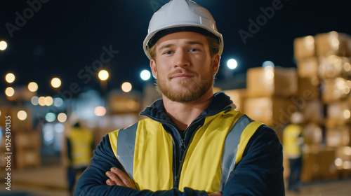 Warehouse worker looking toward the camera with determination, helmet secured and vest illuminated by ambient lighting, stacks of boxes and indistinct coworkers forming a layered i photo