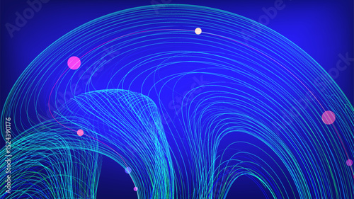abstract blue background with planets on trajectory  curved grids vector 
