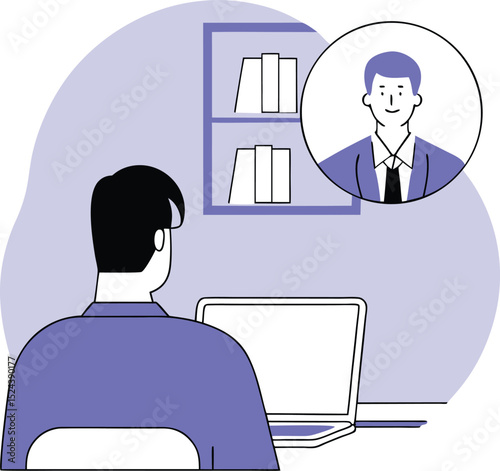 An online video interview, a team meeting, e-learning training, a job interview, a talk with a colleague, a conference call, or a businessman talking on a laptop computer online.