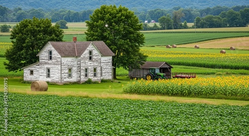 Serene Rural Landscape Farmhouse, Fields, and Hay Bales Under a Summer Sky