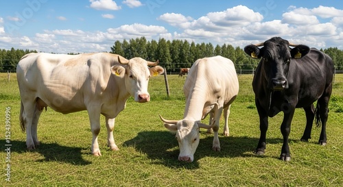 Three Cows Grazing in a Lush Green Pasture on a Sunny Day