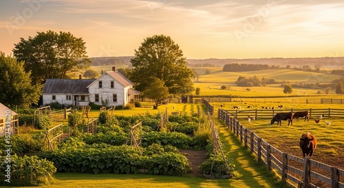 Serene Countryside Farm Landscape Golden Hour Sunset Over Rolling Fields and Farmhouse