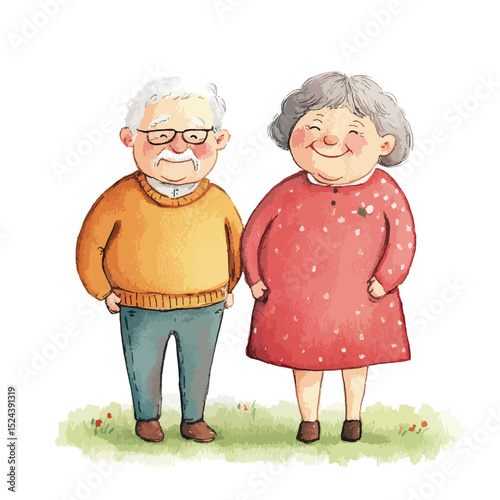 Watercolor Portrait of a Happy Senior Couple Holding Hands