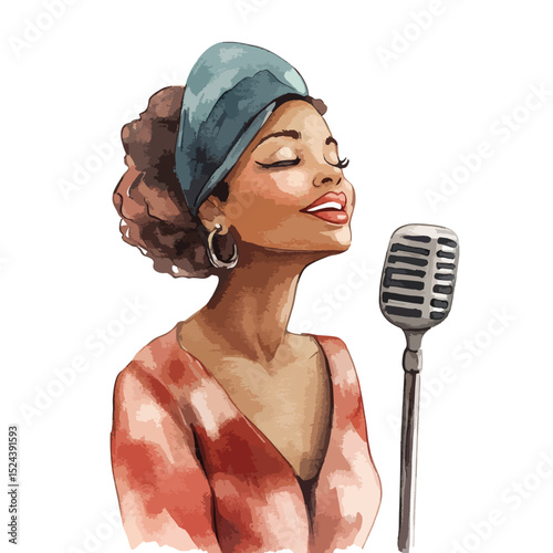 Watercolor Portrait of a Singer with Closed Eyes and Vintage Microphone