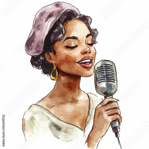 Watercolor Portrait of a Singing Woman with Vintage Microphone