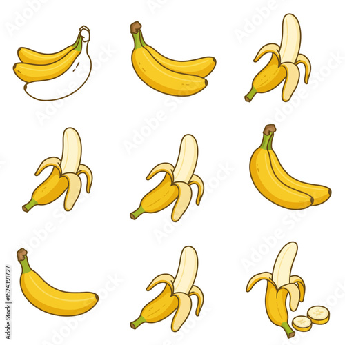 Cartoon bananas. Peel banana, yellow fruit and bunch of bananas. Tropical fruits, banana snack or vegetarian nutrition. Isolated vector illustration icons set