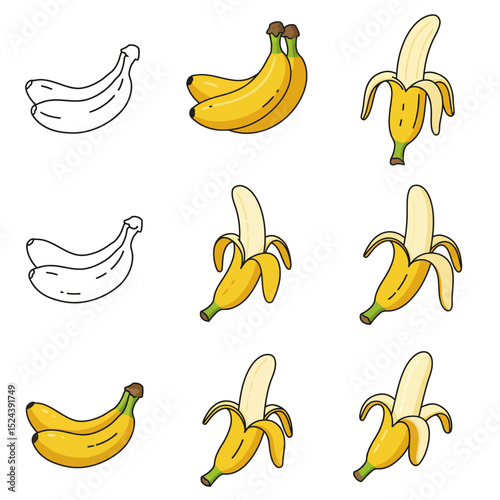 Cartoon bananas. Peel banana, yellow fruit and bunch of bananas. Tropical fruits, banana snack or vegetarian nutrition. Isolated vector illustration icons set