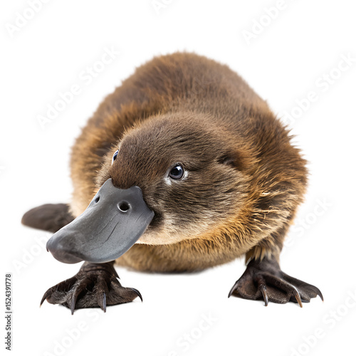 A close-up of a platypus on a black background. The animal has a brown, furry body, a flat bill, and webbed feet. It is a unique mammal native to Australia.