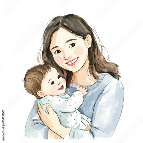 Watercolor Portrait of a Smiling Mother Tenderly Holding Her Baby