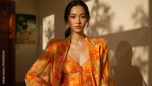 confident female model stands centre frame clad vibrant orange floral attire illuminated soft natural light casting gentle shadows