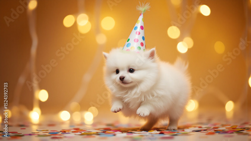 diminutive ball fluff clad vibrant party hat pounces playfully bed confetti amidst twinkling fairy lights warm