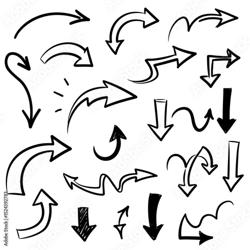 Hand drawn vector arrow set. All arrowes are isolated on white and groupped, easy to use. 