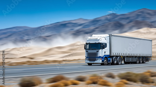Long-haul tarpaulin semi-trailer on a desert highway, endless sand dunes stretching alongside, heat haze rising from the road, clear blue sky overhead