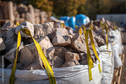 Bulk bags of building rubble awaiting collection at construction site