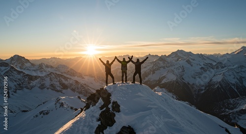 Wallpaper Mural Team success. Three men reach the summit to celebrate as sun rises behind Torontodigital.ca