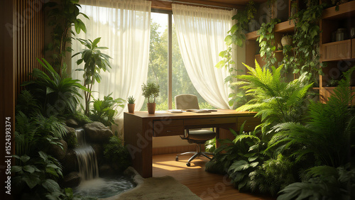serene desk nestled among lush greenery bathed soft indirect sunlight filtering sheer curtains surrounded warm wooden accents