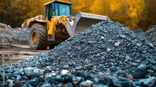 A pile of gravel and construction materials being moved by a backhoe on a construction site photo