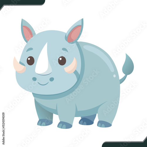 Cute Cartoon Rhino Vector Illustration with Rounded Body in Simple Style for Children
