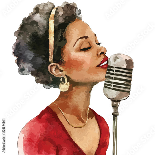 Watercolor Portrait of a Soulful Singer with Vintage Microphone Closed Eyes