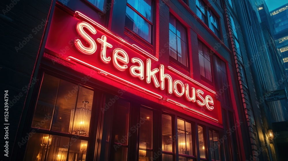 Naklejka premium Illuminated steakhouse neon sign glowing in the vibrant cityscape at night