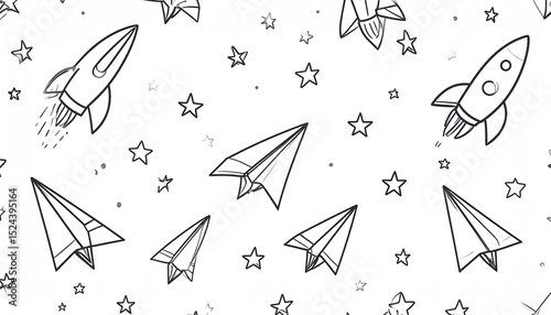 Seamless pattern of hand-drawn rockets and paper airplanes amidst scattered stars on a white background.  The simple line drawings create a whimsical, childlike aesthetic