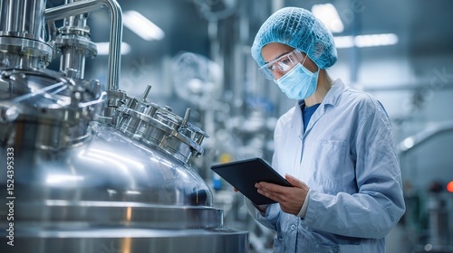 Female Engineer Monitoring Bioreactor Process in Pharmaceutical Facility