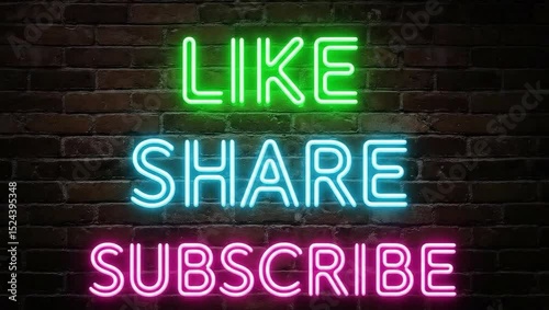 Neon Sign Text Like Share Subscribe on Brick Wall Background