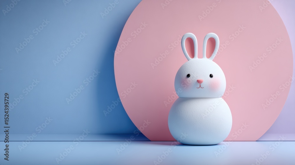 Fototapeta premium Cute white rabbit figurine with pink cheeks and long ears on pastel pink and blue background