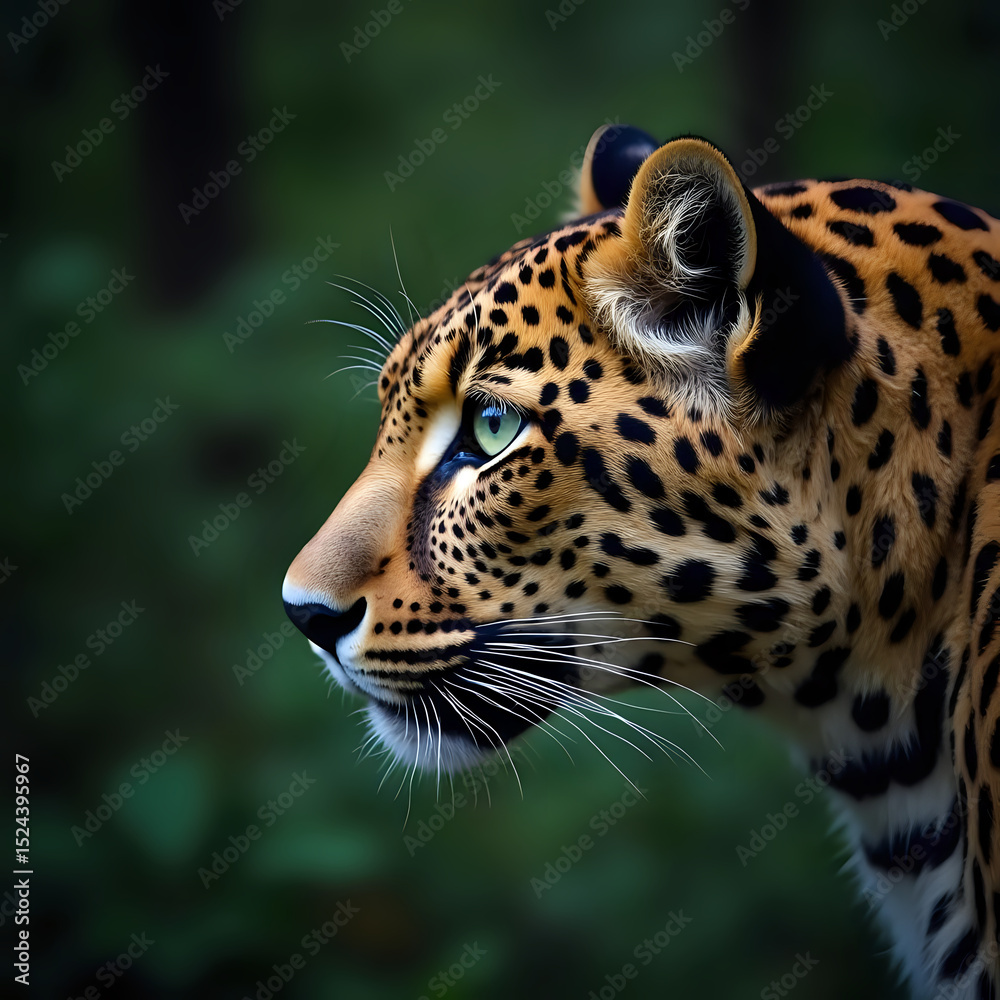 Obraz premium Leopard Profile Portrait Majestic Feline Gaze in Natural Green Habitat