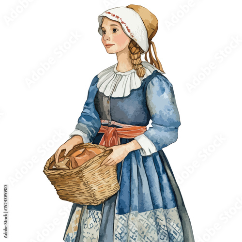 Watercolor Portrait of a Woman Carrying Bread in a Woven Basket