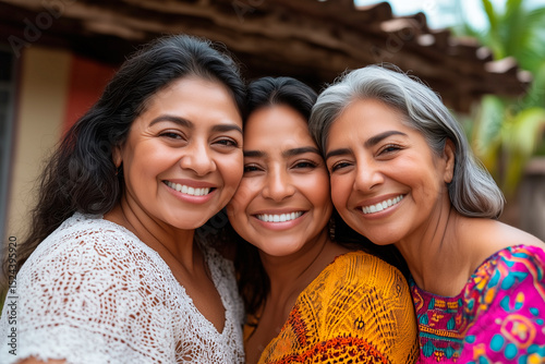 Three latin american women smiling and embracing each other