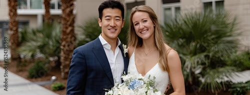 A joyful Japanese couple celebrates their wedding in a beautiful garden, dressed in traditional attire and radiating happiness