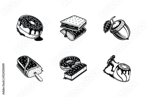 Black and White Illustrations of Sweet Treats and Nature's Bounty Donuts, Ice Cream, S'mores, and Acorns