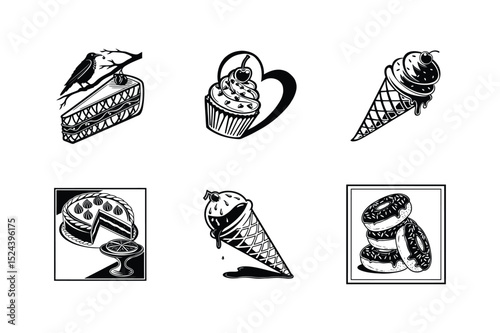 Sweet Treats Delicious Black and White Dessert Illustrations