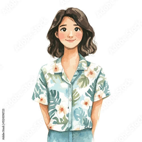 Watercolor Portrait of a Woman in a Floral Hawaiian Shirt with Hands Behind