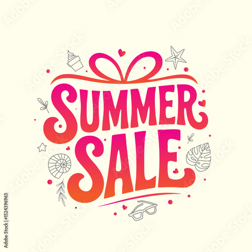 Colorful summer sale announcement with playful designs and vibrant lettering in a cheerful layout