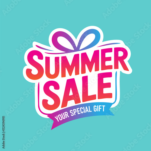 Colorful summer sale announcement with playful designs and vibrant lettering in a cheerful layout