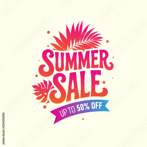 Colorful summer sale announcement with playful designs and vibrant lettering in a cheerful layout