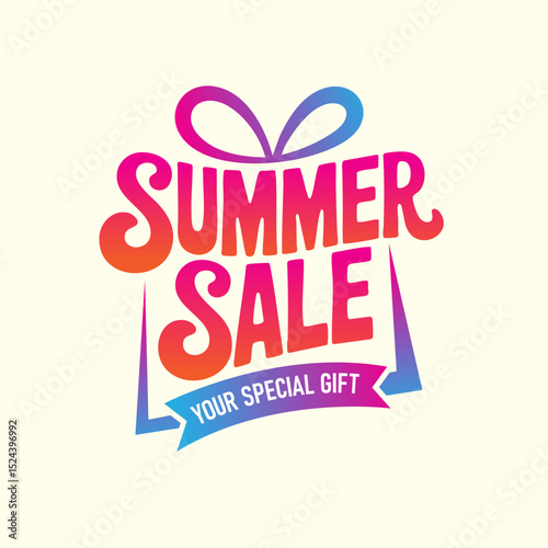 Colorful summer sale announcement with playful designs and vibrant lettering in a cheerful layout