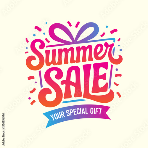 Colorful summer sale announcement with playful designs and vibrant lettering in a cheerful layout