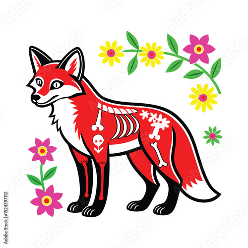 Vibrant Red Fox with Floral Dia de los Muertos Design