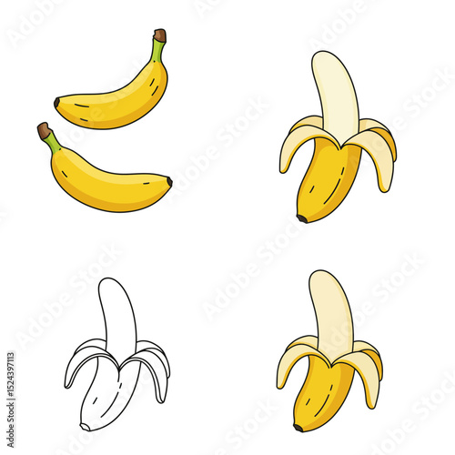 Cartoon bananas. Peel banana, yellow fruit and bunch of bananas. Tropical fruits, banana snack or vegetarian nutrition. Isolated vector illustration icons set