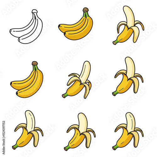 Cartoon bananas. Peel banana, yellow fruit and bunch of bananas. Tropical fruits, banana snack or vegetarian nutrition. Isolated vector illustration icons set