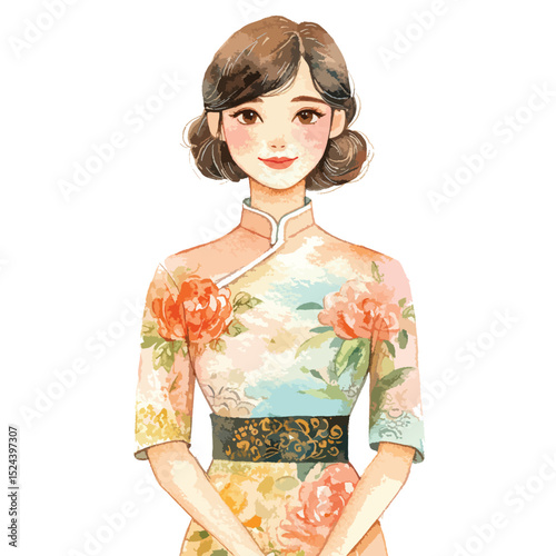 Watercolor Portrait of a Woman in a Traditional Chinese Dress