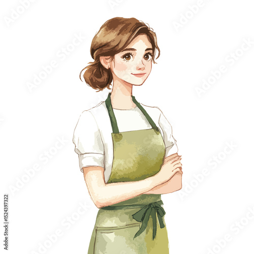 Watercolor Portrait of a Woman in a Sage Green Apron