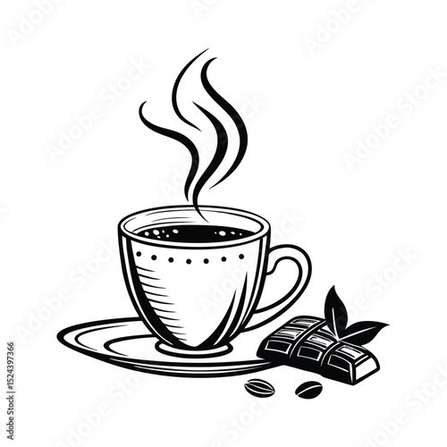 Steaming Cup of Coffee with Chocolate and Coffee Beans A Delicious Illustration