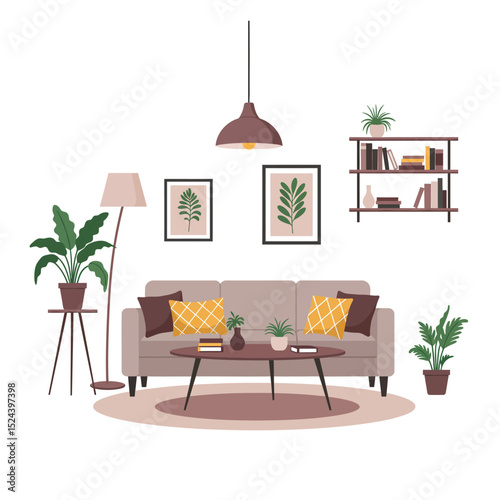 Living room interior with sofa, bookshelves and plants. Vector cartoon illustration of modern lounge with big window, blue curtains, carpet and picture on wall